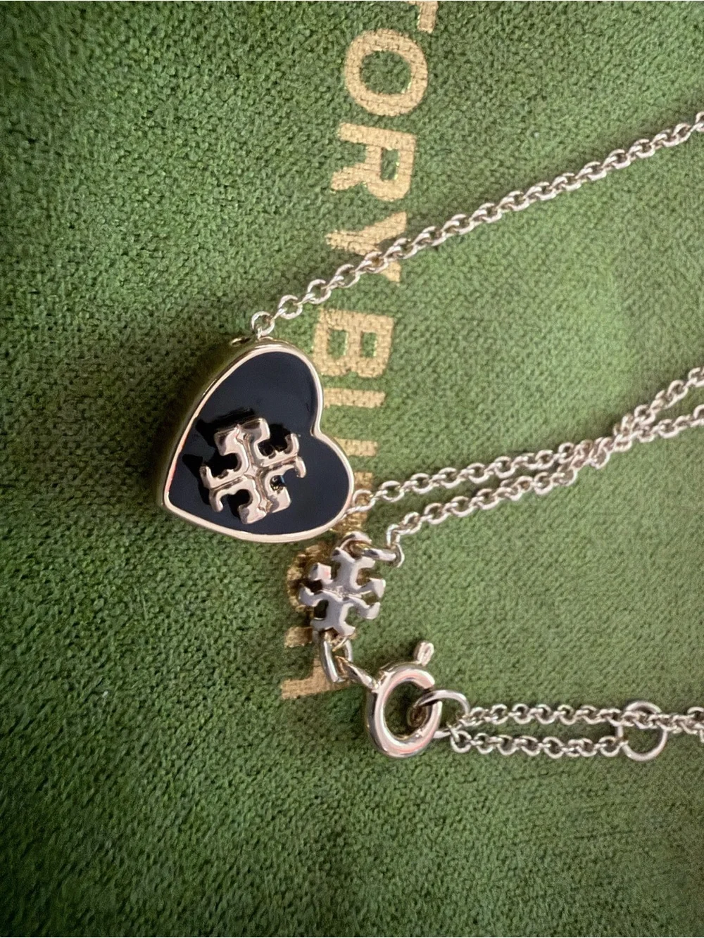Tory Burch Black Heart Logo Pendant Necklace with Gold-Tone Chain 16-18 inches